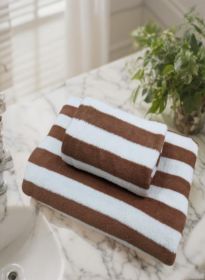 ABREEZE Coffee and White Striped Bath Towel and Hand Towel Set (2-Piece) - Coral Fleece Super Soft & Absorbent for Spa, Gym, Travel - Image 1